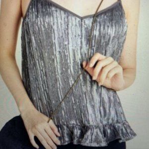 Anthropologie ‘Amelie’ Silver Sequin Camisole with Ruffle Hem